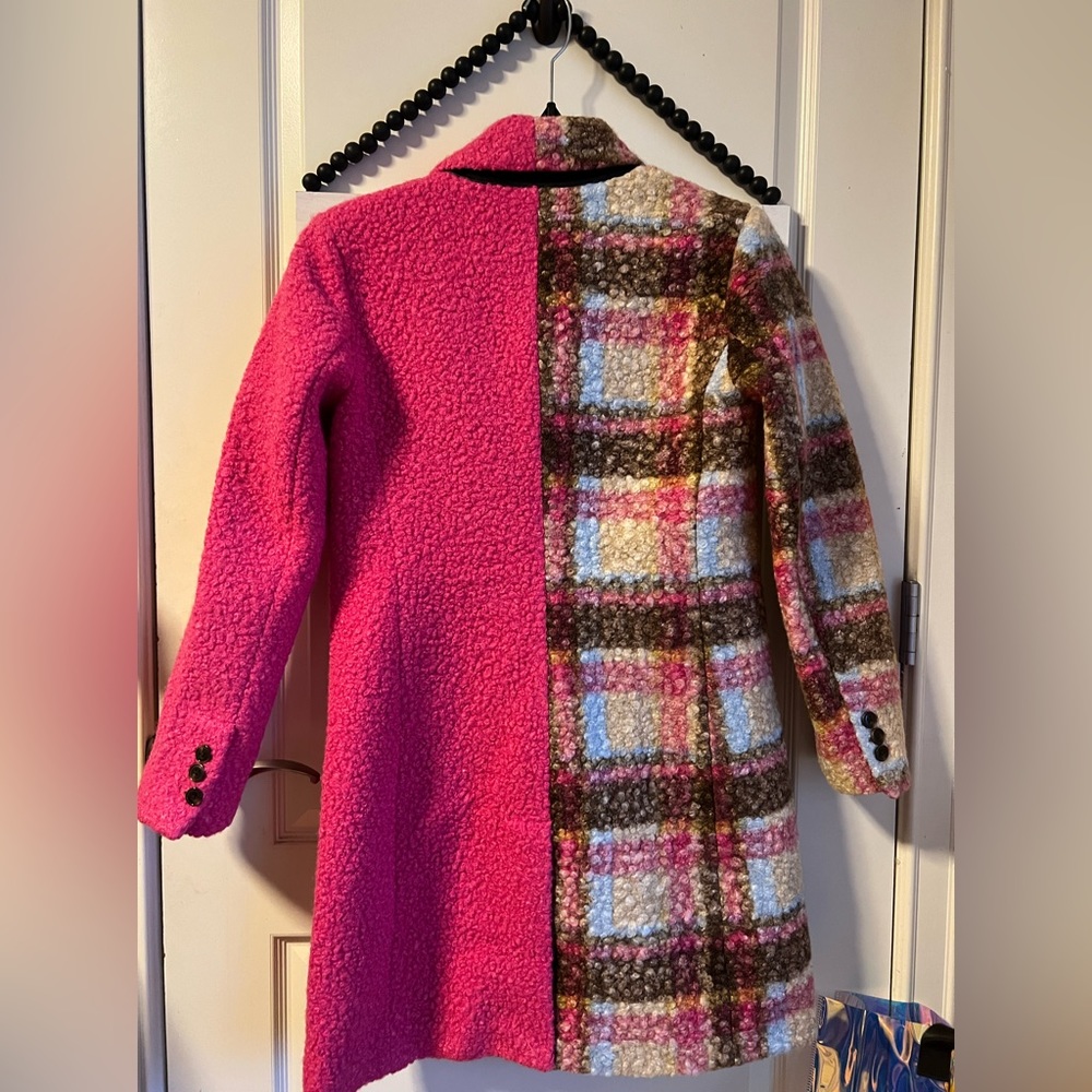 Anthropologie NVLT Plaid Houndstooth Fuchsia Pink Pea Coat Jacket XS 0 2 NWT 💖 - Picture 5 of 13